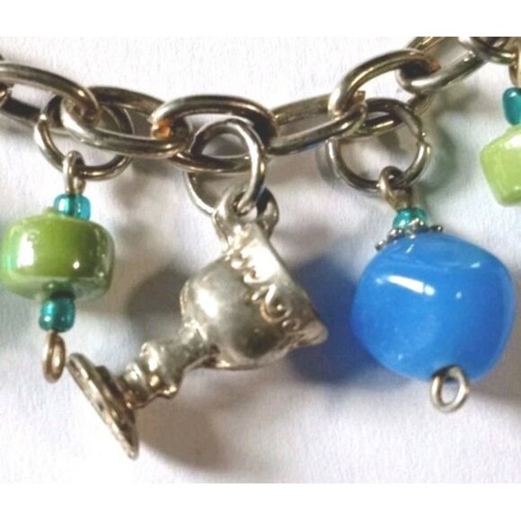 Vintage Art Glass Christian Symbols Charm Bracelet Silver Tone Chain Beads - Picture 10 of 14